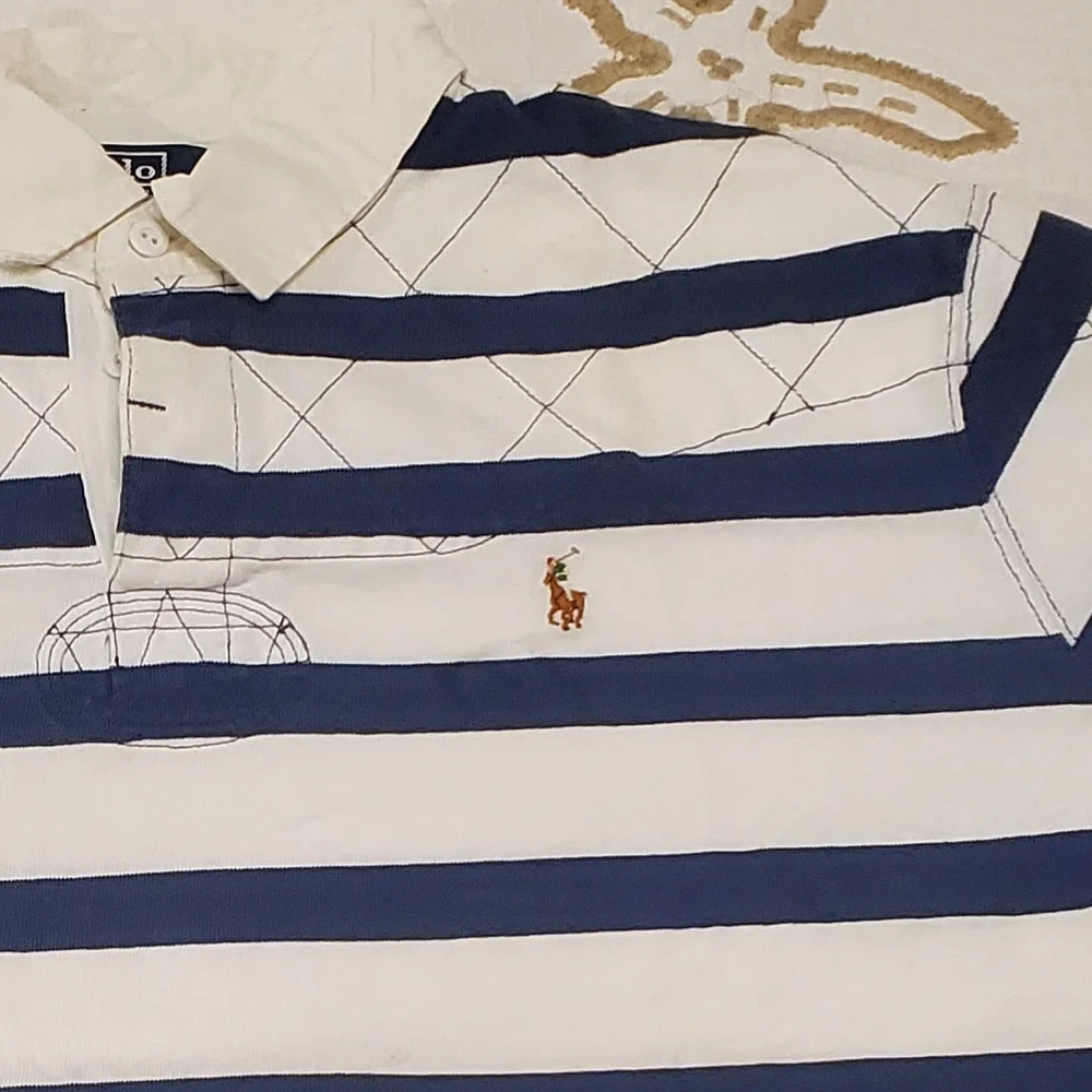 Polo Ralph Lauren Rugby Shirt Mens XL Quilted‎ Top Striped White Blue Preppy